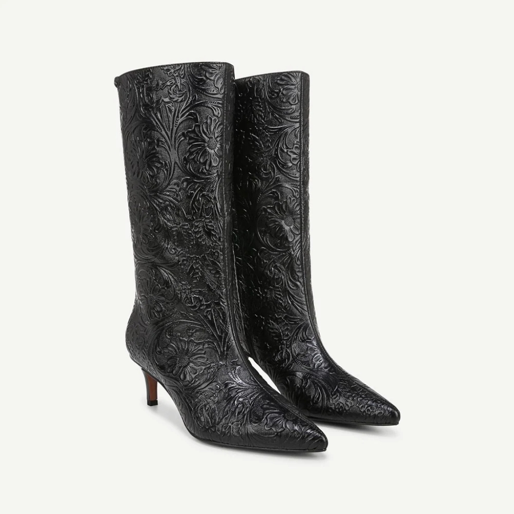 NWB Sarto Amari Mid Black Embossed Floral Leather Calf Boot